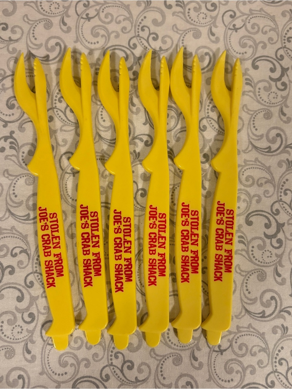 Yellow Crab Pick Set with 'Stolen From Joe's Crab Shack' Logo Set of 6